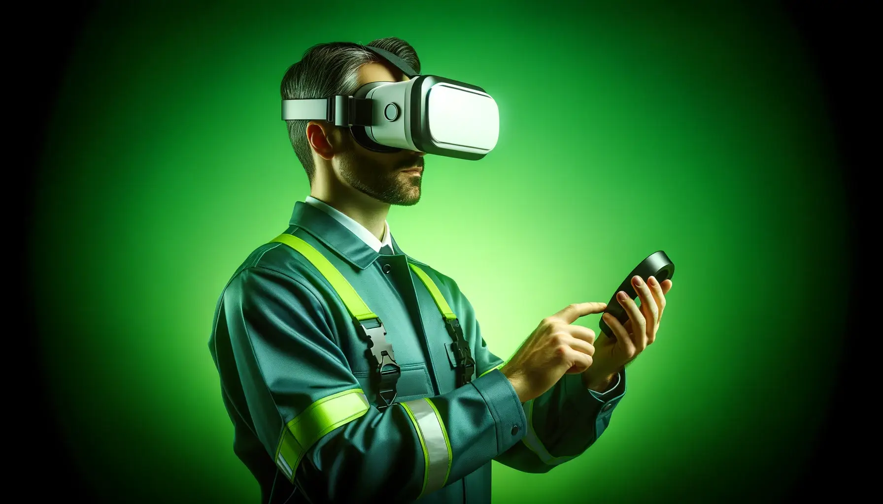 A tech-savvy facility manager with AR/VR headsets against a pure green background