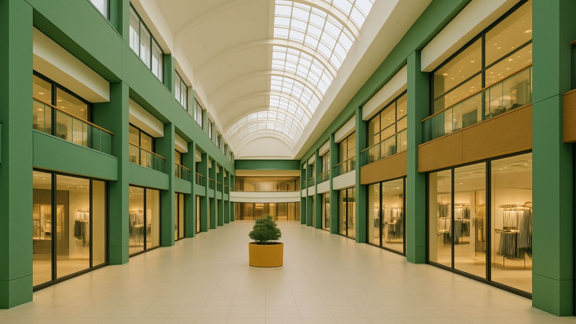 A high-resolution, wide-angle photo of a modern, minimalist indoor shopping mall with green columns, yellow planters, glass storefronts, and a curved skylight ceiling. The scene is empty of people and emphasizes architectural symmetry and natural light.