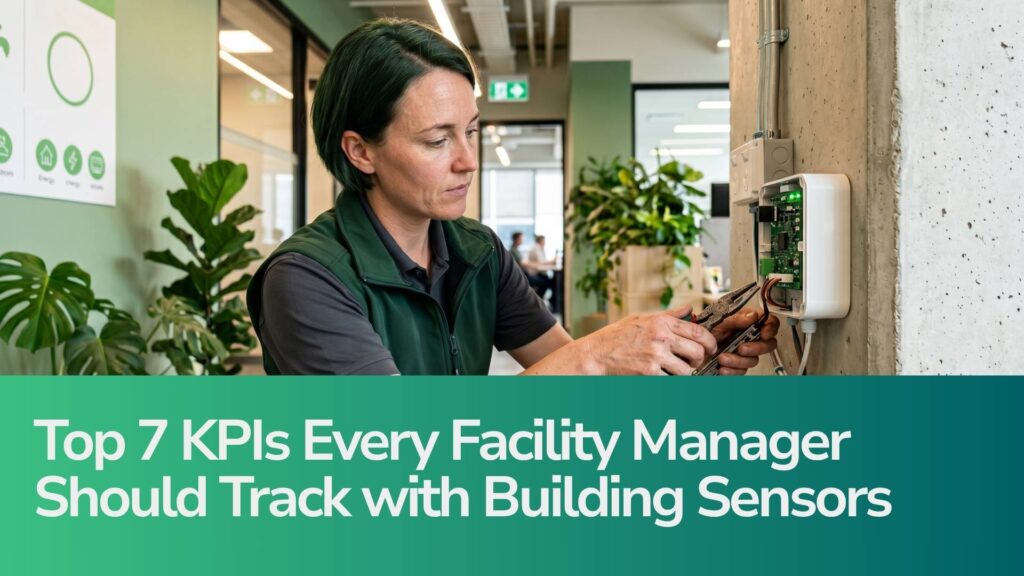 Facility manager installing IoT building sensor for real-time KPI tracking in a modern green-themed office.