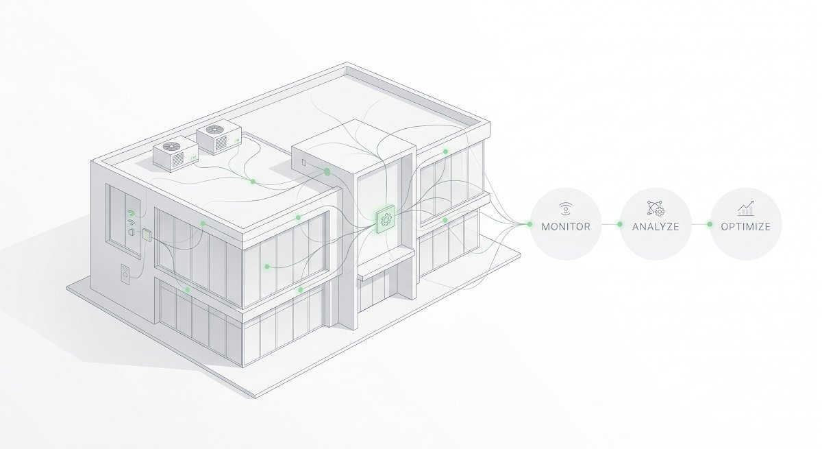 AI in Building Operations: The Complete Guide (2026) 2 AI in building operations shown on a smart building illustration where sensors feed a monitor, analyze and optimize loop