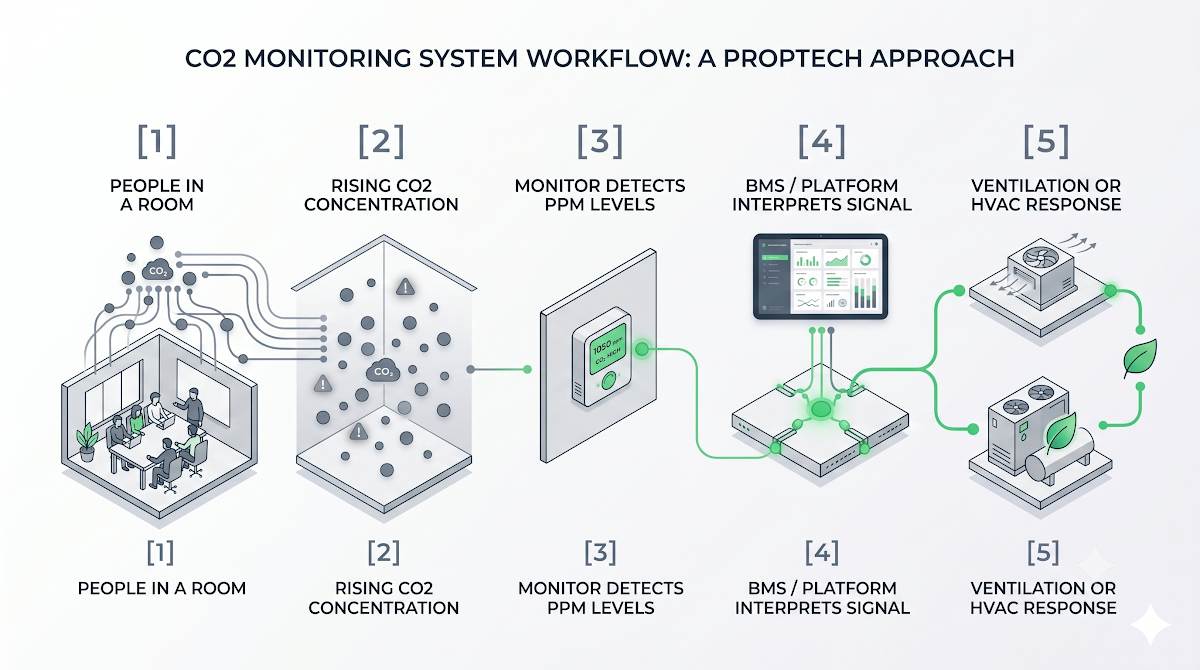 What Is CO2 Monitoring? How Buildings Use CO2 to Improve Ventilation and Comfort 4 Infographic showing how CO2 monitoring works: a CO2 monitor measures indoor ppm, sends readings to a BMS or cloud platform, and drives demand-controlled ventilation response