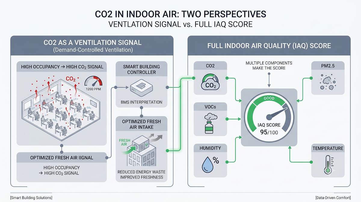 What Is CO2 Monitoring? How Buildings Use CO2 to Improve Ventilation and Comfort 3 CO2 in indoor air, two perspectives: CO2 as a ventilation and demand-controlled ventilation signal versus a full indoor air quality (IAQ) score that also includes PM2.5, VOCs, humidity and temperature