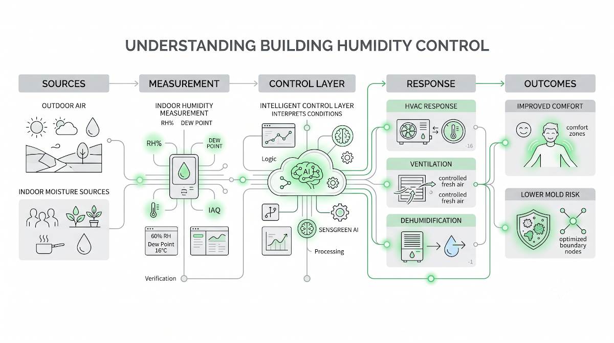 What Is Humidity Control? A Smarter Way to Manage Comfort, Air Quality, and Mold Risk 3 Infographic showing how humidity control works in buildings: outdoor and indoor moisture sources, humidity measurement, control layer, HVAC and dehumidification response, and improved comfort with lower mold risk