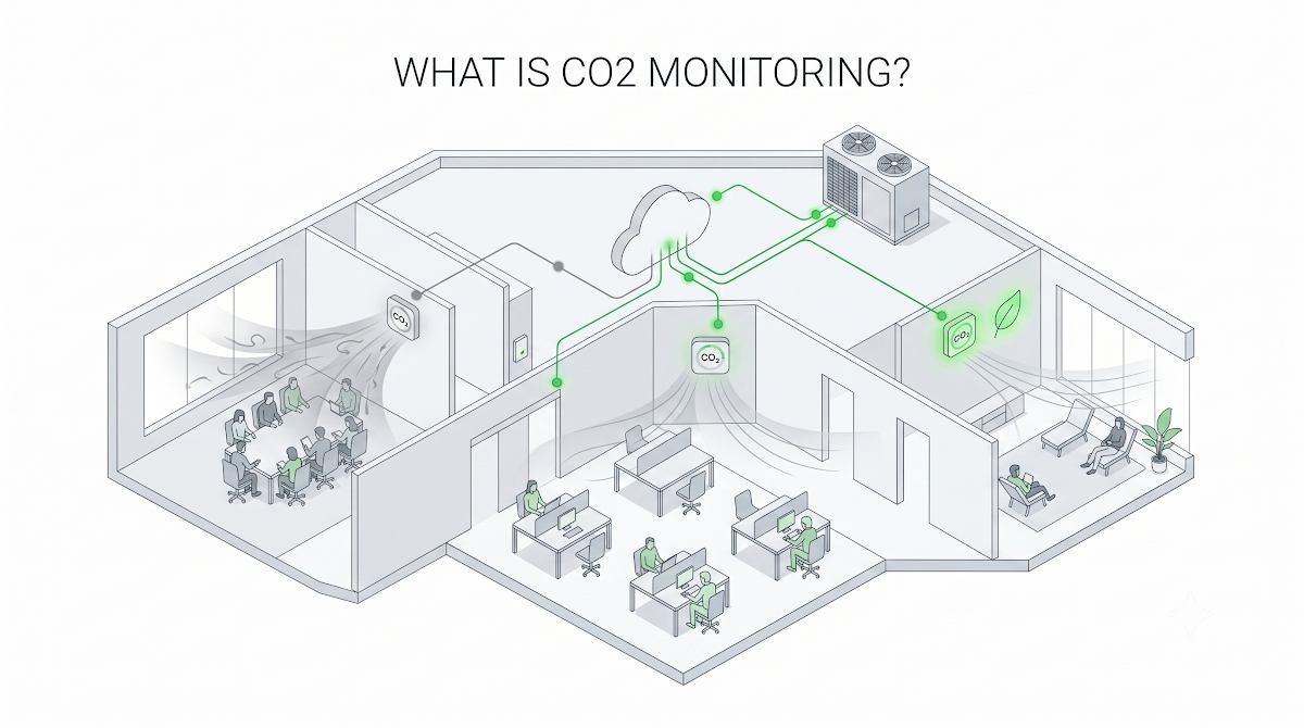 What Is CO2 Monitoring? How Buildings Use CO2 to Improve Ventilation and Comfort 2 CO2 monitoring in buildings showing carbon dioxide sensors measuring indoor ppm to drive ventilation and comfort in occupied spaces