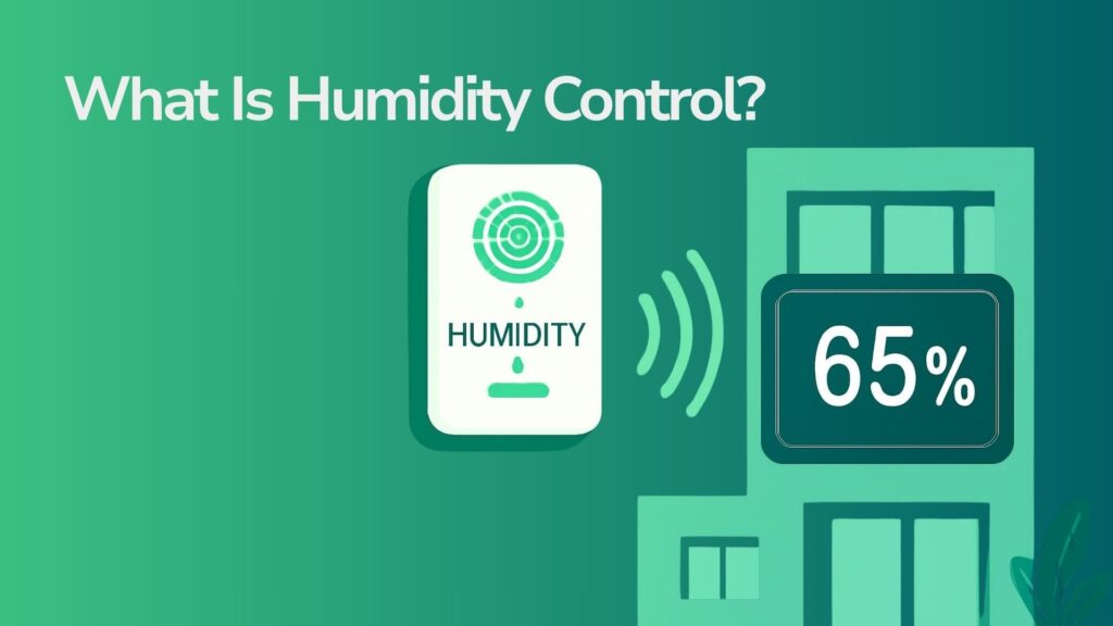 Illustration of a smart humidity sensor showing 65% relative humidity on a building facade, titled What Is Humidity Control?