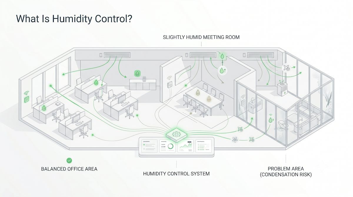 What Is Humidity Control? A Smarter Way to Manage Comfort, Air Quality, and Mold Risk 2 Humidity control in a smart commercial building showing balanced, humid, and condensation-risk zones with sensors and ventilation response